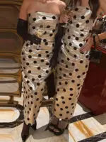 Elegant Women's Dress Strapless Sleeveless Slim Hip Package Print Polka Dot Female Dresses 2025 Autumn Spring Fashion Lady Robe - Image 2