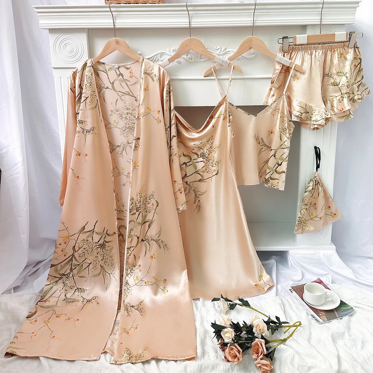 kf-S12f274b2ce51401db8bf755fad62ecccy 5pcs Floral Print Long Sleeve Robe Cami Dress Cami Top Ruffle Hem Shorts Simple Pajamas Sets for Women - Image 1