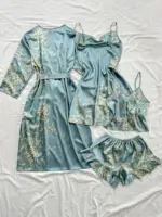 Summer irregular cherry print comfortable bathrobe and halter shorts sexy women's pajama four-piece set - Image 3