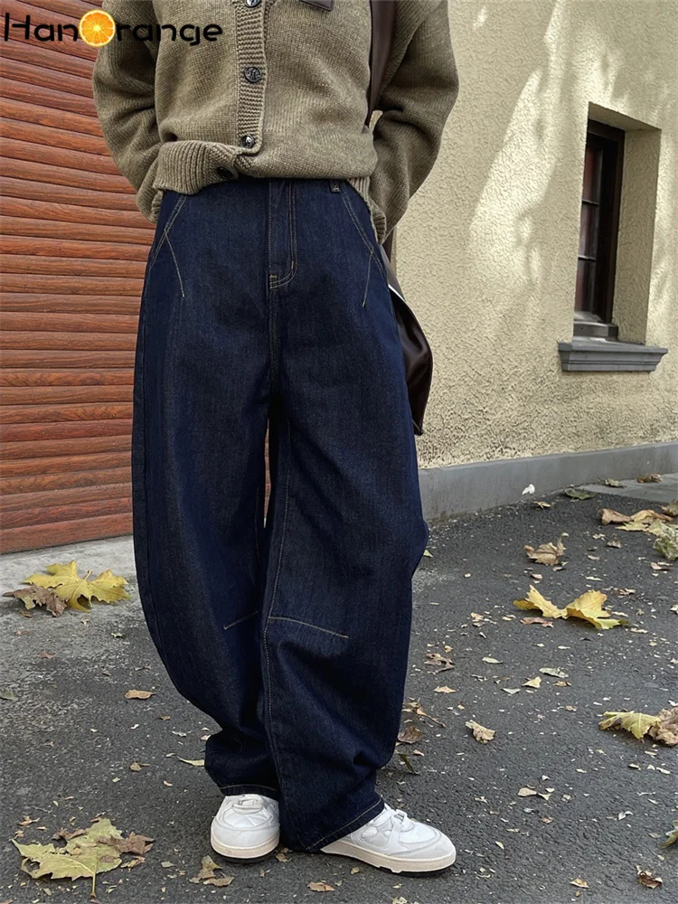 kf-S37c37752b1584f089861867d07efc4cc9 HanOrange Winter Vintage Arc High Waist Wide Leg Jeans Women Thickened Warm Loose Casual Trousers Female Dark Blue - Image 1