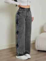 2025 autumn new women's jeans, tie-dye contrast washing, elastic waist, high waist straight jeans - Image 5