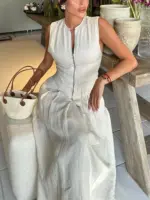 MUJER Zipper Long Dress Woman Pleated Sleeveless Bodycon Dress Summer Elegant Party Dresses For Women 2025 New Midi Dresses - Image 2