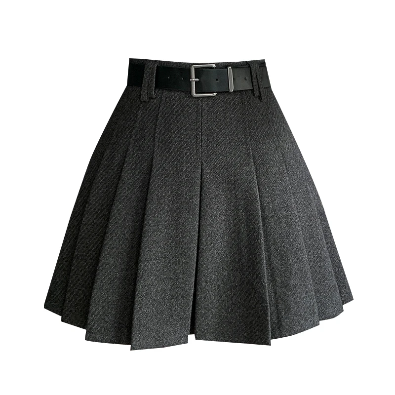 kf-S8914af3b0afb443a96721ce75e2ffda8Q Vintage Winter Pleated Mini Skirt Women Streetwear High Waist Woolen Cute Skater Skirts With Shorts Belt Grey Black Skirt Woman - Image 1