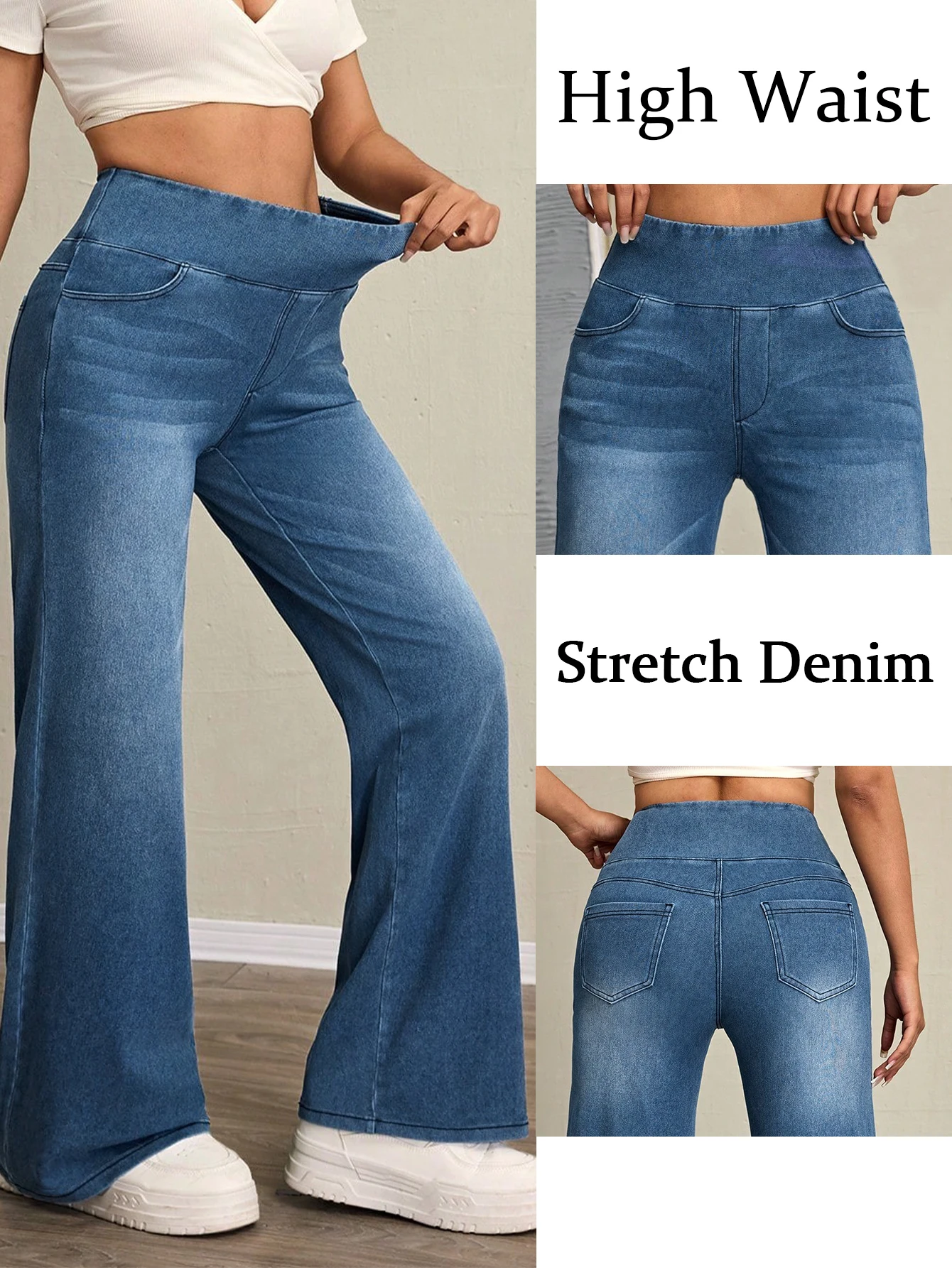 kf-Sa84851e6dcf94234b48c2465f5c309ebL Women's high-rise wide-leg jeans with tummy tuck, slim fit, made from stretch denim fabric, are stylish for casual everyday wear - Image 1