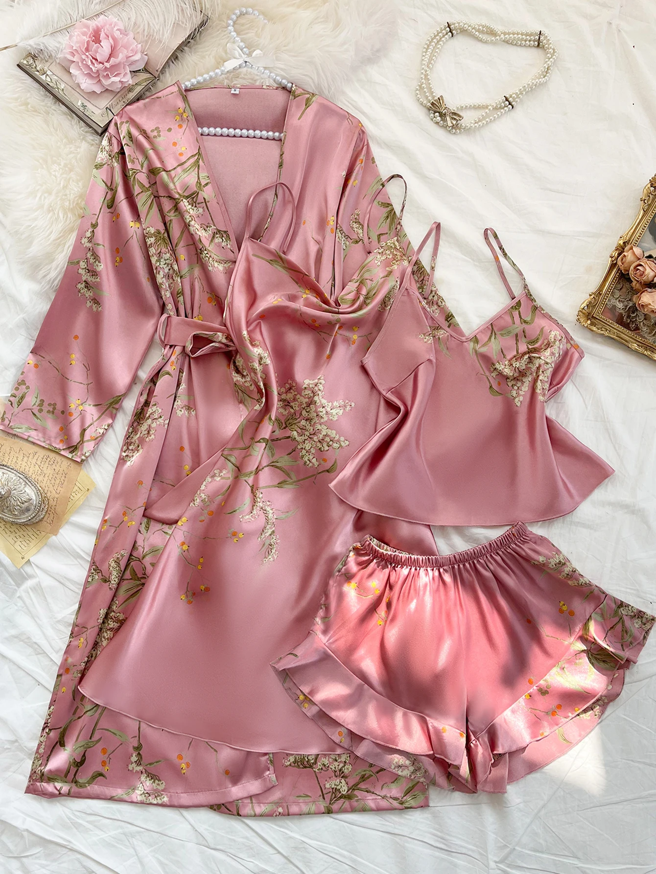 kf-Sb2ea4a674dea4f57b7551a1e44d78f72h Summer irregular cherry print comfortable bathrobe and halter shorts sexy women's pajama four-piece set - Image 1