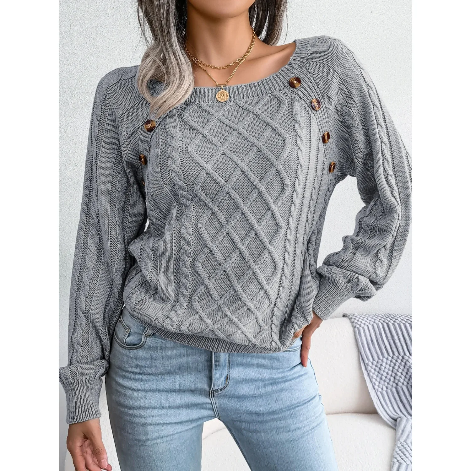 kf-Sd1e85416ab0d40aeba2b2c363a6e07eck Women Casual Square Collar Buttons Long Sleeve Knitted Pullover Sweaters for Autumn Winter 2025 - Image 1
