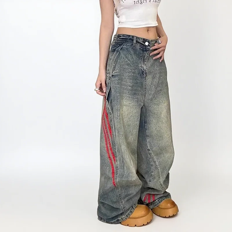 kf-Sd64e5e86da89460c94709c8a81b3eedez Autumn And Winter Korean Fashion Women'S Straight Leg Jeans With Side Stripes Wide Leg Pants Casual Pants Blue Jeans - Image 1